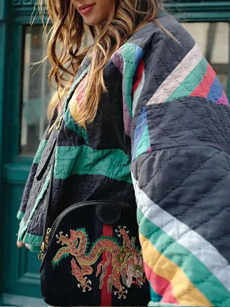 Übergroße Jacke | Offene Vorderseite | Retro | Steppjacke | Damenjacke