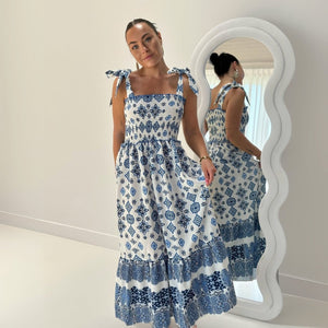Sommerkleid Damen | Blaues Muster | Trägerkleid-Fashion Peak