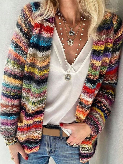 Strickjacke | Offene Vorderseite | Gestreift | Oversized-Strickjacke | Damenstrickwaren-Mischfarbe-S-Chaps Herrenmode