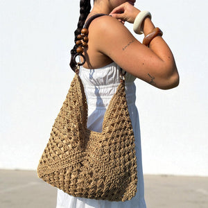 Strohtasche Damen | Geflochtene Strandtasche | Holzperlen-Fashion Peak
