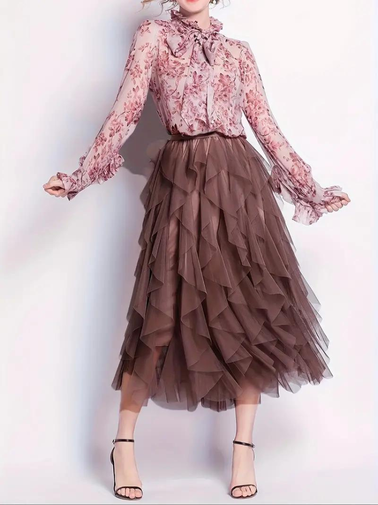 Tüllrock – Maxirock für Damen mit hoher Taille und asymmetrischen Rüschen-Women Skirts-Fashion Peak-Braun-S-Fashion Peak