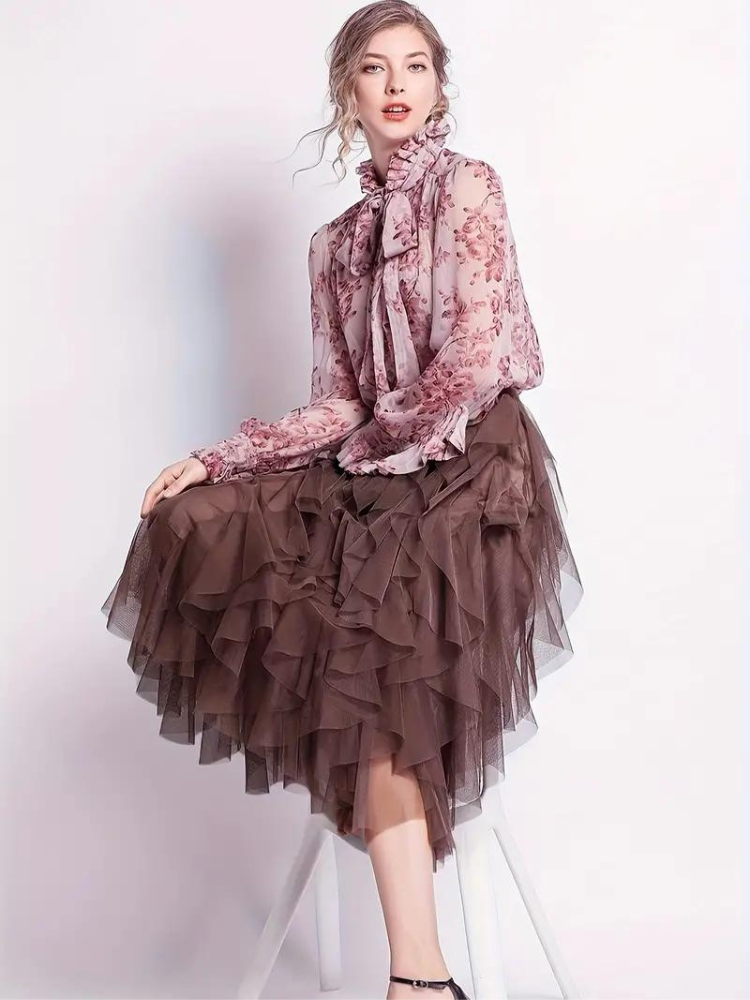 Tüllrock – Maxirock für Damen mit hoher Taille und asymmetrischen Rüschen-Women Skirts-Fashion Peak-Fashion Peak