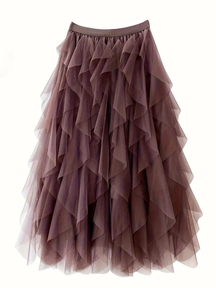 Tüllrock – Maxirock für Damen mit hoher Taille und asymmetrischen Rüschen-Women Skirts-Fashion Peak-Fashion Peak