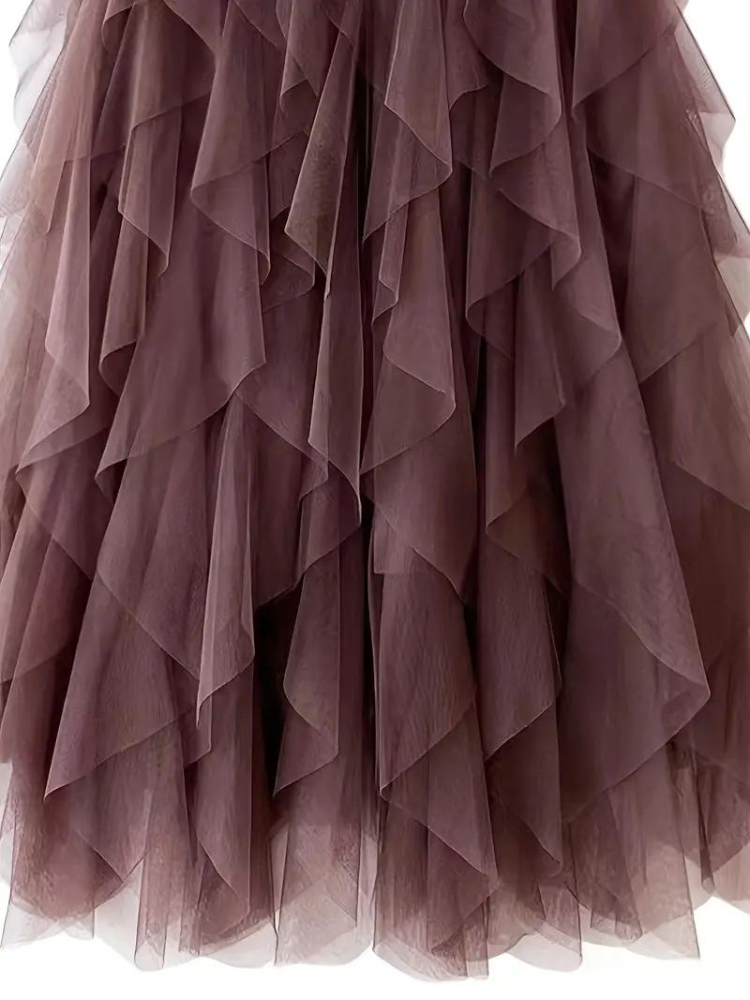 Tüllrock – Maxirock für Damen mit hoher Taille und asymmetrischen Rüschen-Women Skirts-Fashion Peak-Fashion Peak