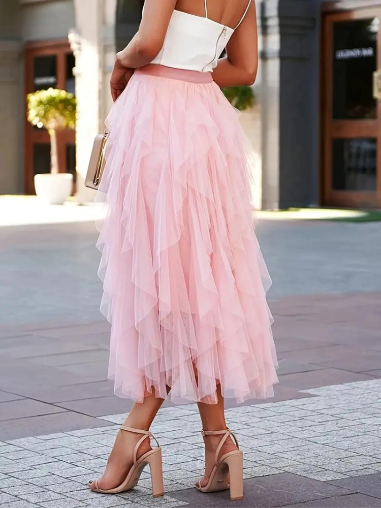 Tüllrock – Maxirock für Damen mit hoher Taille und asymmetrischen Rüschen-Women Skirts-Fashion Peak-Fashion Peak