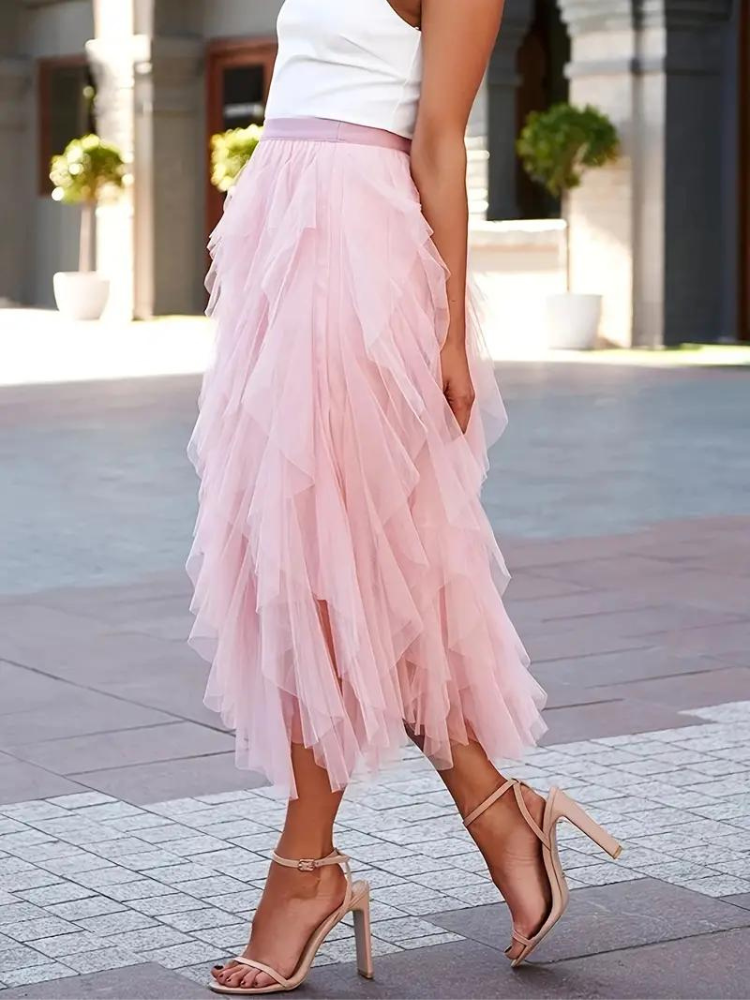 Tüllrock – Maxirock für Damen mit hoher Taille und asymmetrischen Rüschen-Women Skirts-Fashion Peak-Fashion Peak