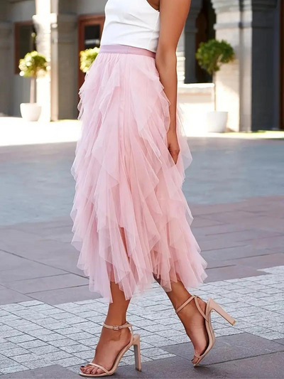 Tüllrock – Maxirock für Damen mit hoher Taille und asymmetrischen Rüschen-Women Skirts-Fashion Peak-Fashion Peak