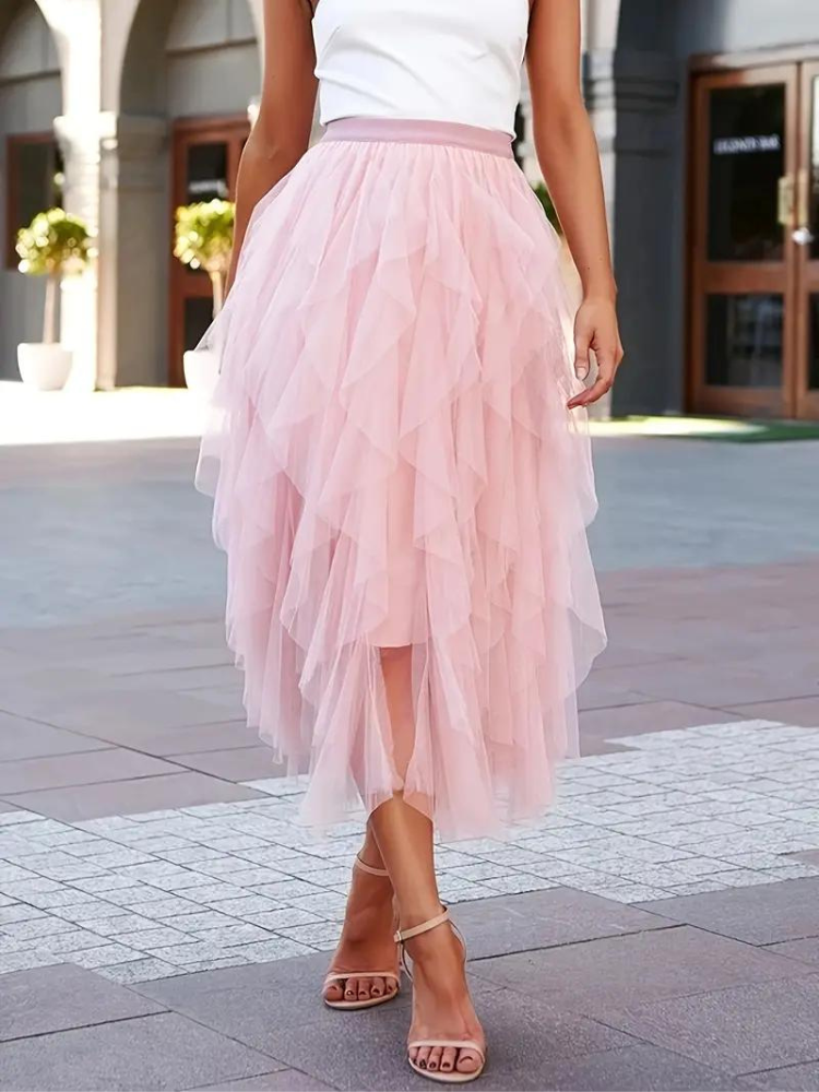 Tüllrock – Maxirock für Damen mit hoher Taille und asymmetrischen Rüschen-Women Skirts-Fashion Peak-Fashion Peak