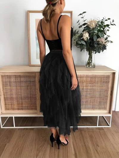 Tüllrock – Maxirock für Damen mit hoher Taille und asymmetrischen Rüschen-Women Skirts-Fashion Peak-Fashion Peak