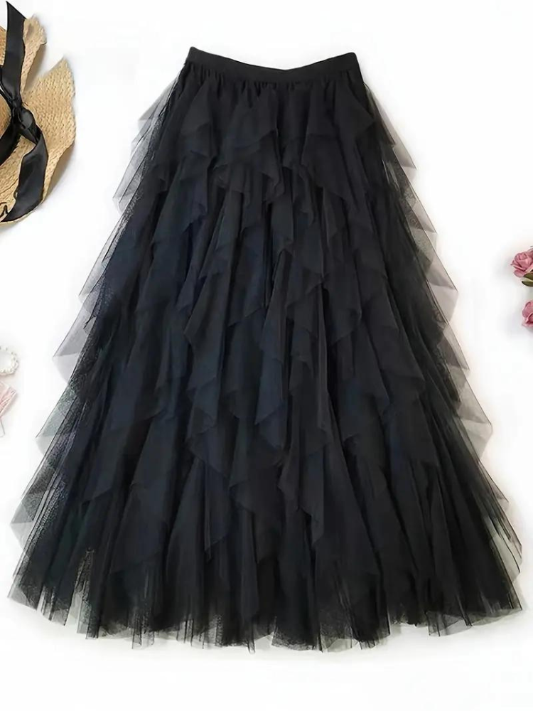 Tüllrock – Maxirock für Damen mit hoher Taille und asymmetrischen Rüschen-Women Skirts-Fashion Peak-Fashion Peak