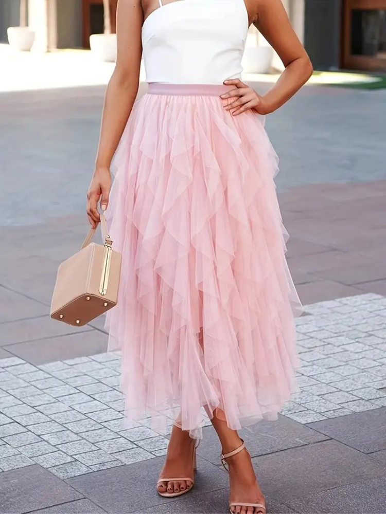 Tüllrock – Maxirock für Damen mit hoher Taille und asymmetrischen Rüschen-Women Skirts-Fashion Peak-Rosa-S-Fashion Peak