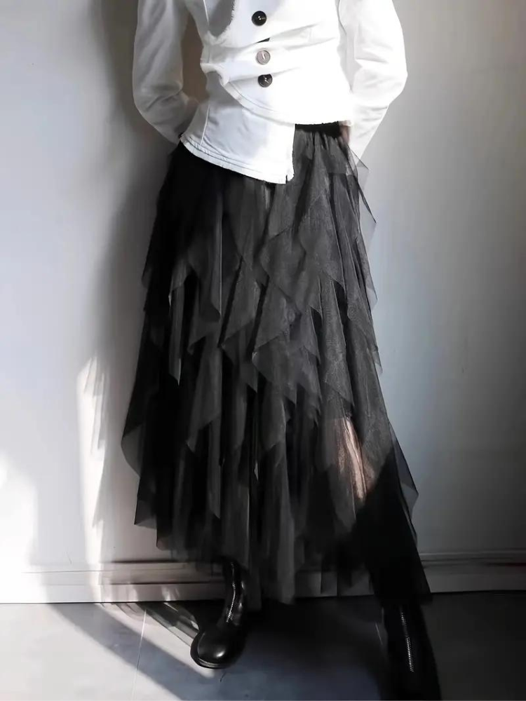 Tüllrock – Maxirock für Damen mit hoher Taille und asymmetrischen Rüschen-Women Skirts-Fashion Peak-Schwarz-S-Fashion Peak