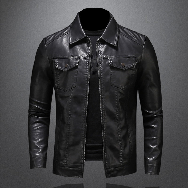 Lederjacke - Schwarze Slim Fit Kunstlederjacke für Männer