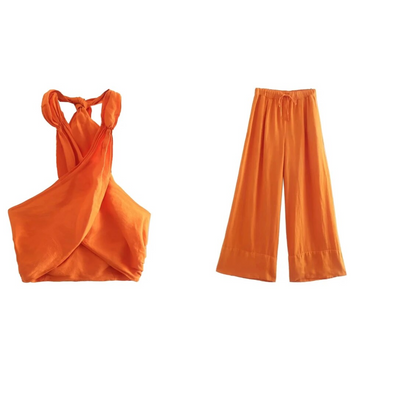 Set - Leinen - Weite Hosenbeine - Neckholder - Zweiteiliges Set - Sommerkleidung für Frauen
