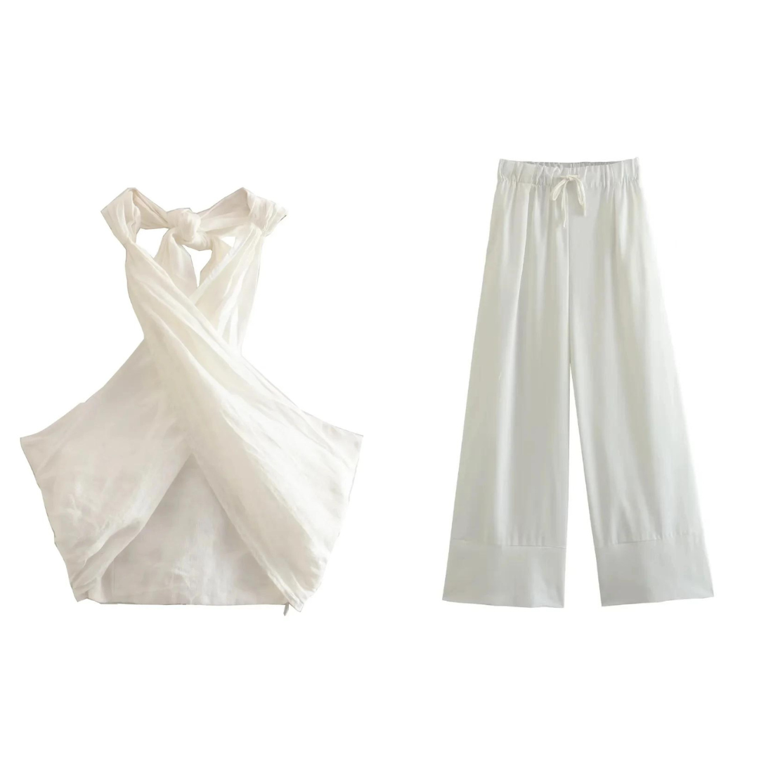 Set - Leinen - Weite Hosenbeine - Neckholder - Zweiteiliges Set - Sommerkleidung für Frauen