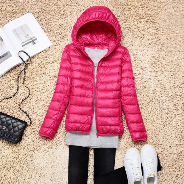 Down Jacket - Women's Short Hooded Lightweight Padded Winter Jacket