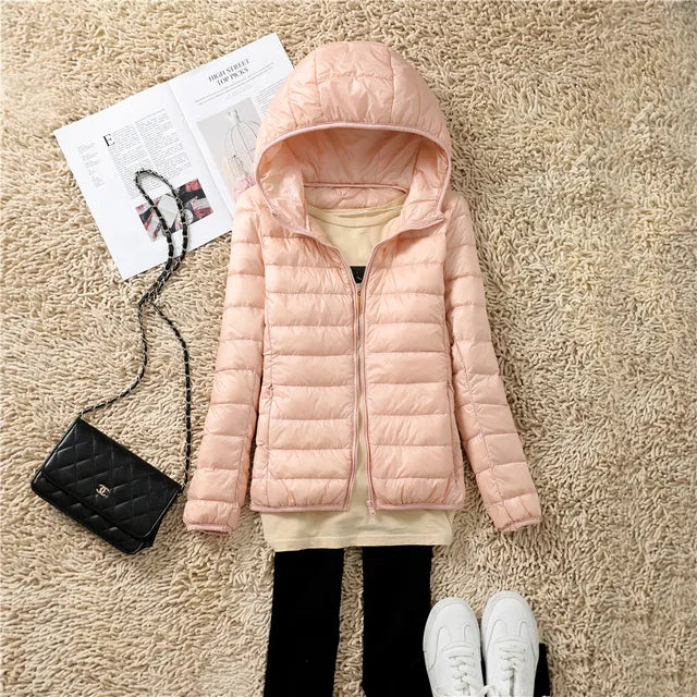 Down Jacket - Women's Short Hooded Lightweight Padded Winter Jacket