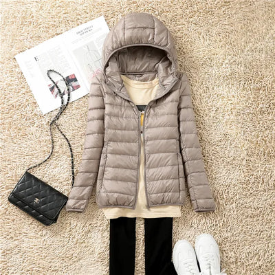 Down Jacket - Women's Short Hooded Lightweight Padded Winter Jacket