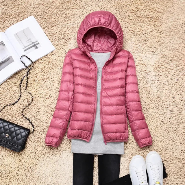 Down Jacket - Women's Short Hooded Lightweight Padded Winter Jacket