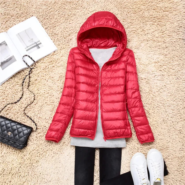 Down Jacket - Women's Short Hooded Lightweight Padded Winter Jacket
