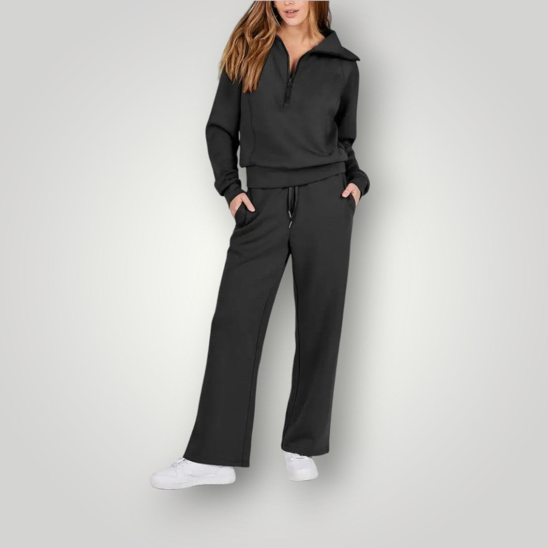 Loungewear-Set – Damen-Trainingsanzug mit weitem Bein und halbem Reißverschluss