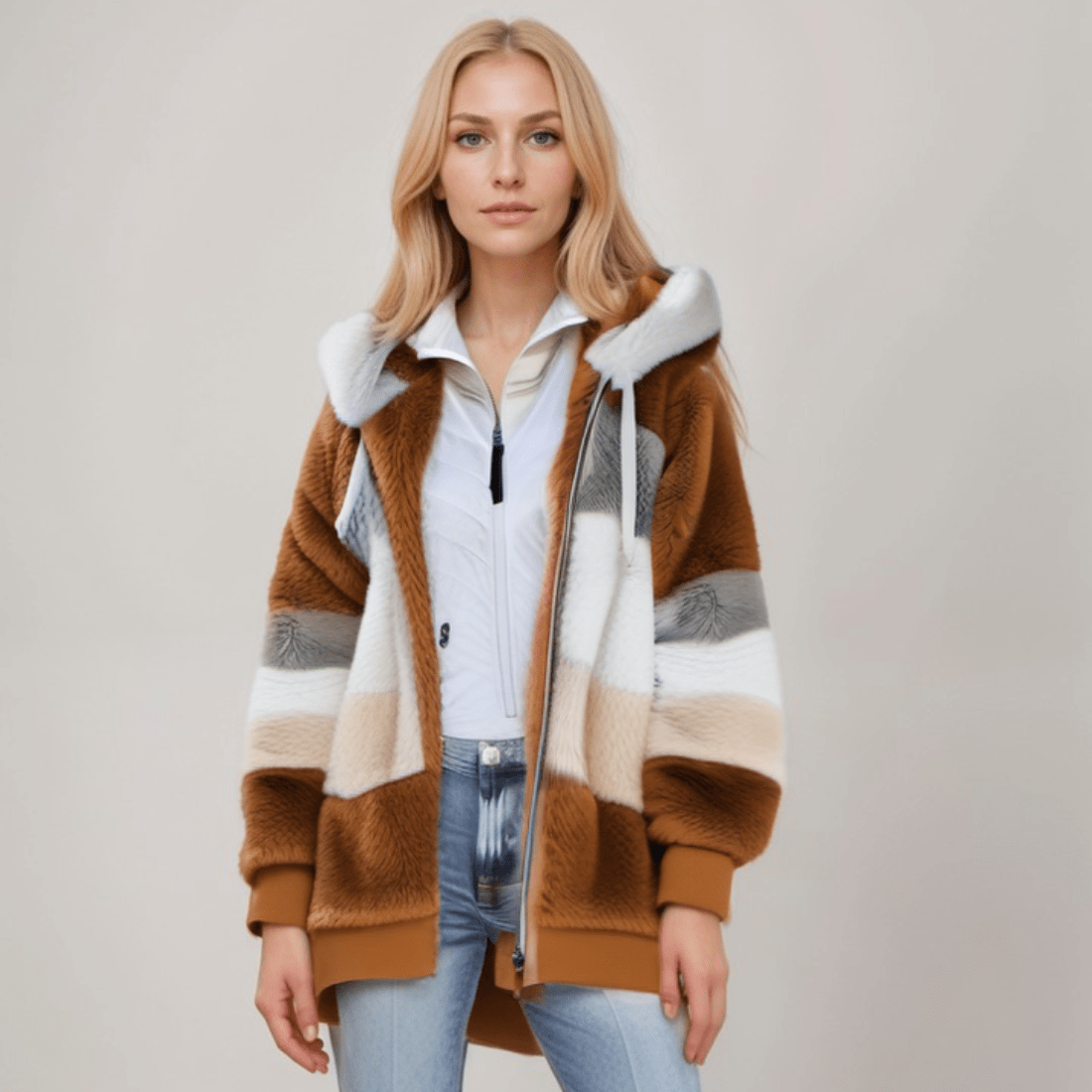 Fleece-Jacke - Übergroße Zip-Up-Kapuzenjacke aus Kunstfell für Frauen