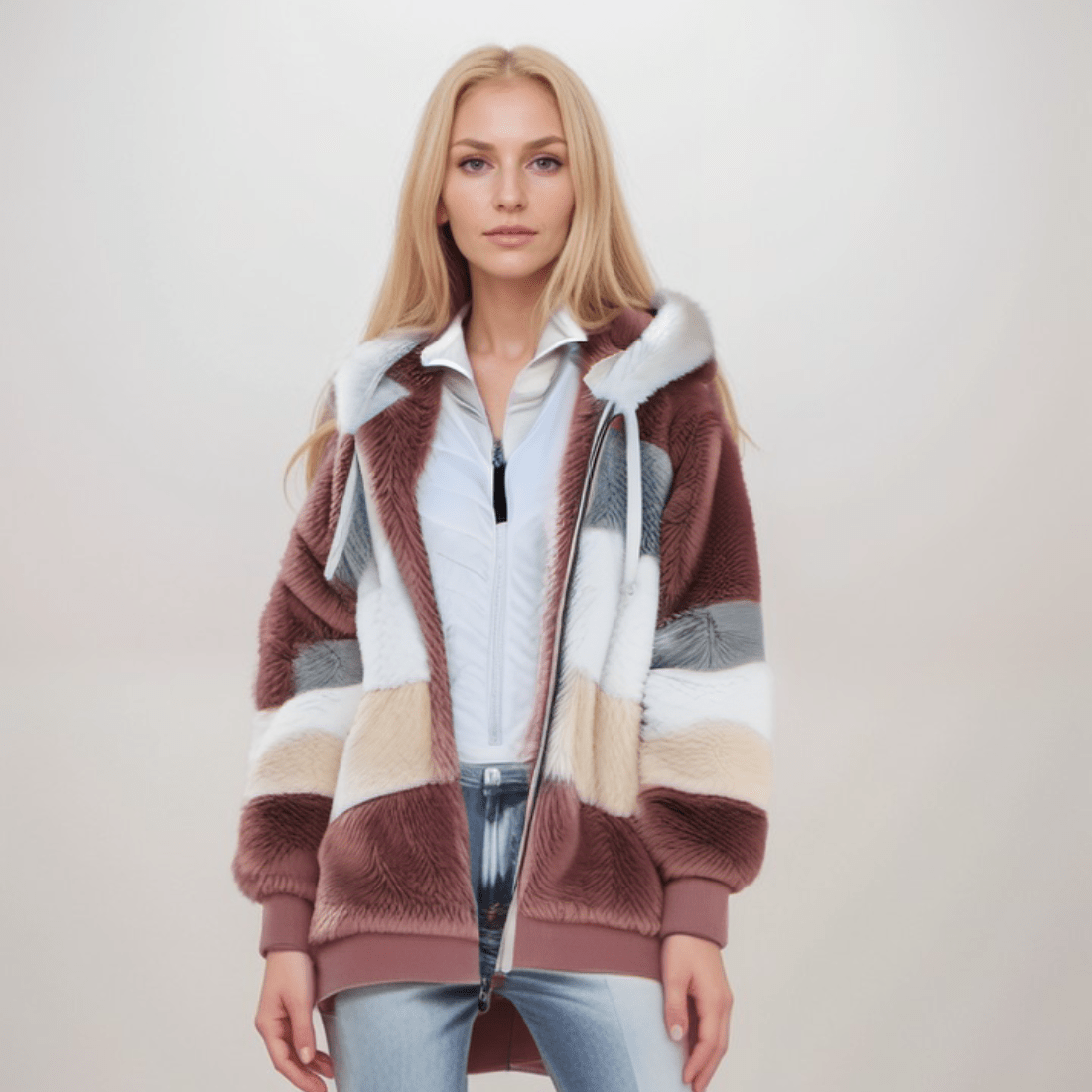 Fleece-Jacke - Übergroße Zip-Up-Kapuzenjacke aus Kunstfell für Frauen