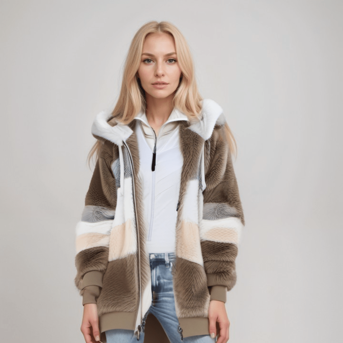 Fleece-Jacke - Übergroße Zip-Up-Kapuzenjacke aus Kunstfell für Frauen