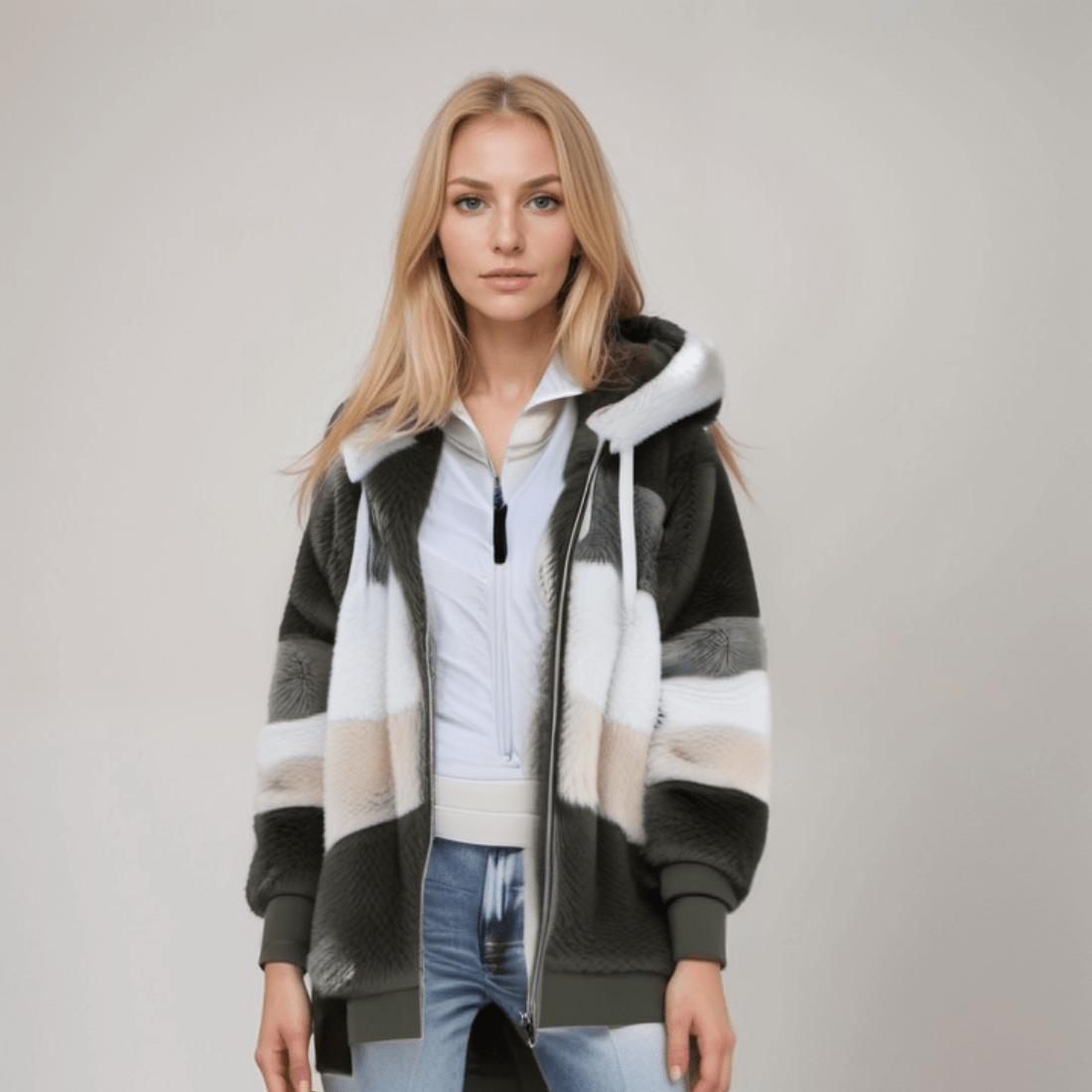 Fleece-Jacke - Übergroße Zip-Up-Kapuzenjacke aus Kunstfell für Frauen