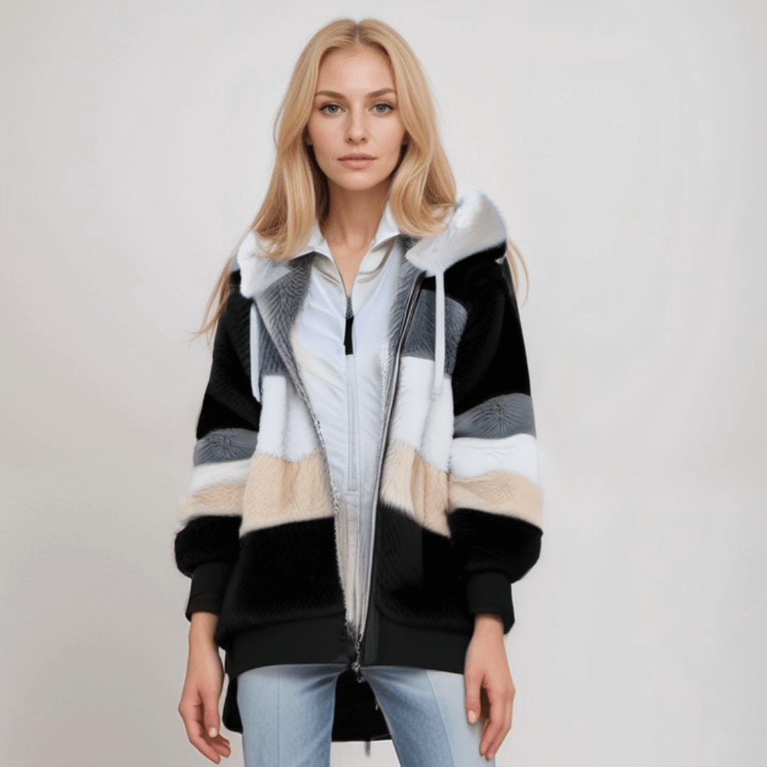 Fleece-Jacke - Übergroße Zip-Up-Kapuzenjacke aus Kunstfell für Frauen