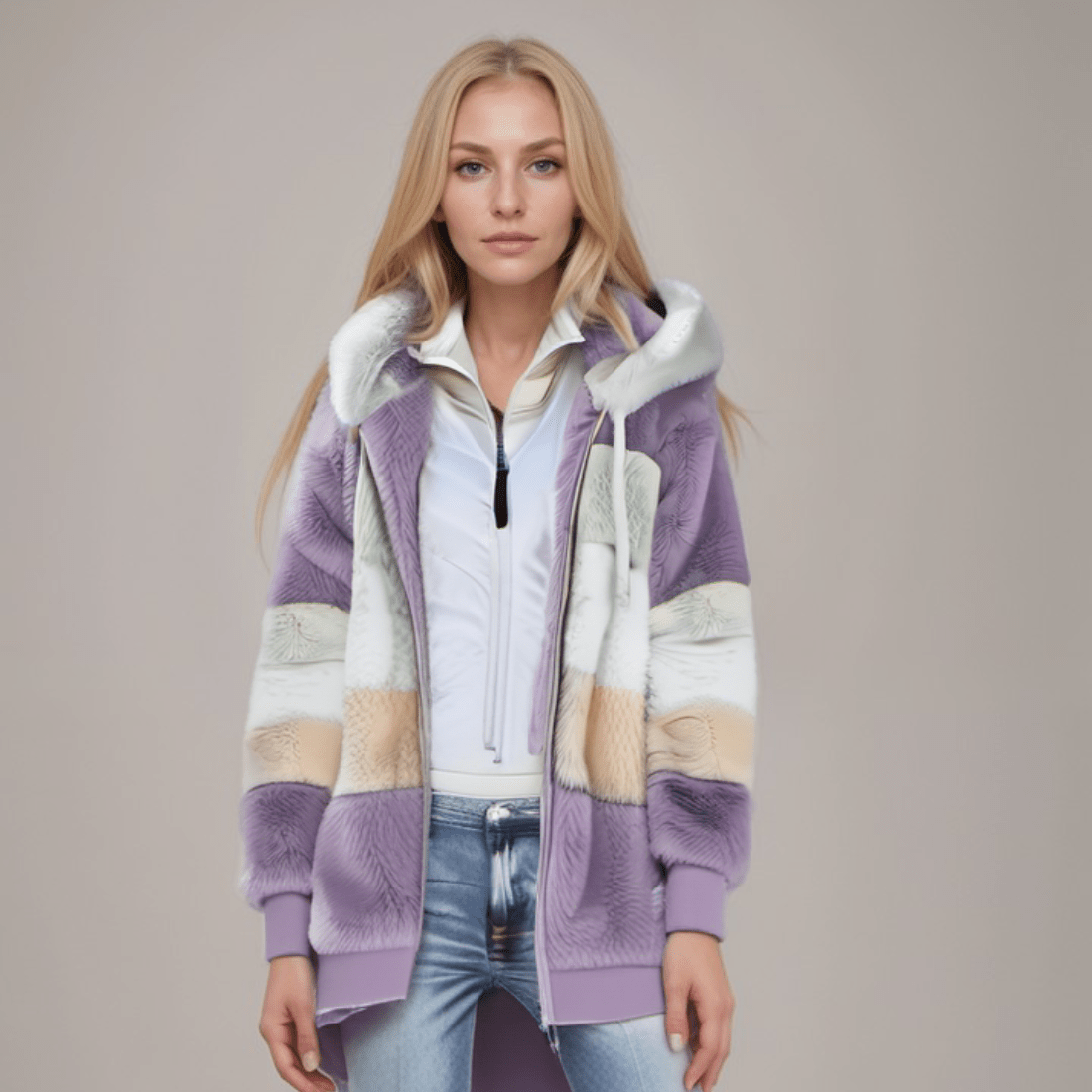 Fleece-Jacke - Übergroße Zip-Up-Kapuzenjacke aus Kunstfell für Frauen