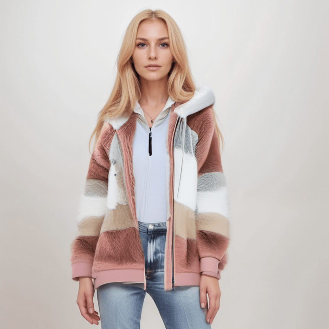 Fleece-Jacke - Übergroße Zip-Up-Kapuzenjacke aus Kunstfell für Frauen