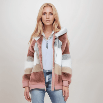 Fleece-Jacke - Übergroße Zip-Up-Kapuzenjacke aus Kunstfell für Frauen