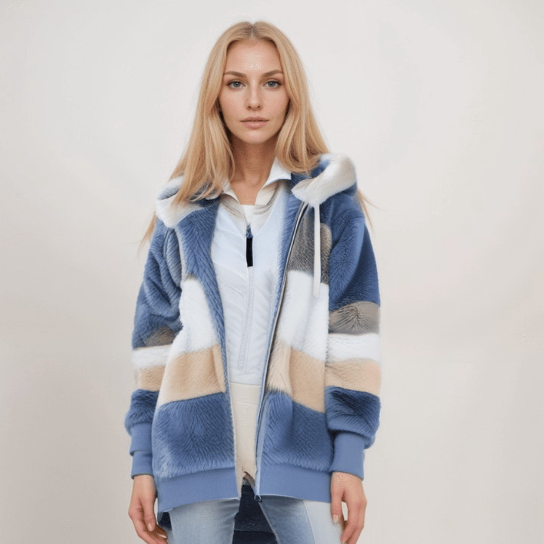 Fleece-Jacke - Übergroße Zip-Up-Kapuzenjacke aus Kunstfell für Frauen