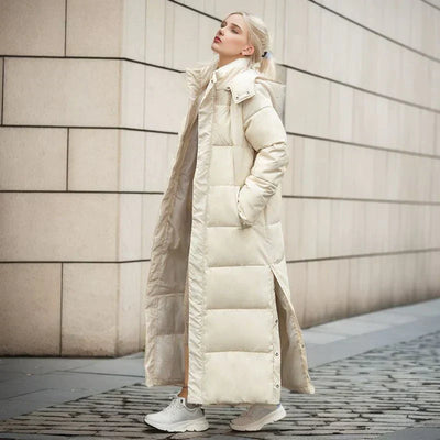 Lange Pufferjacke – warm – mit Kapuze – wattierter Damenmantel – langer Wintermantel für Damen