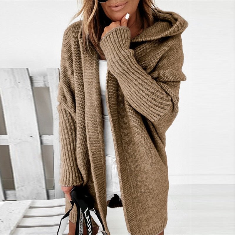 Lange Strickjacke - Damen Strickjacke mit Kapuze und Übergröße