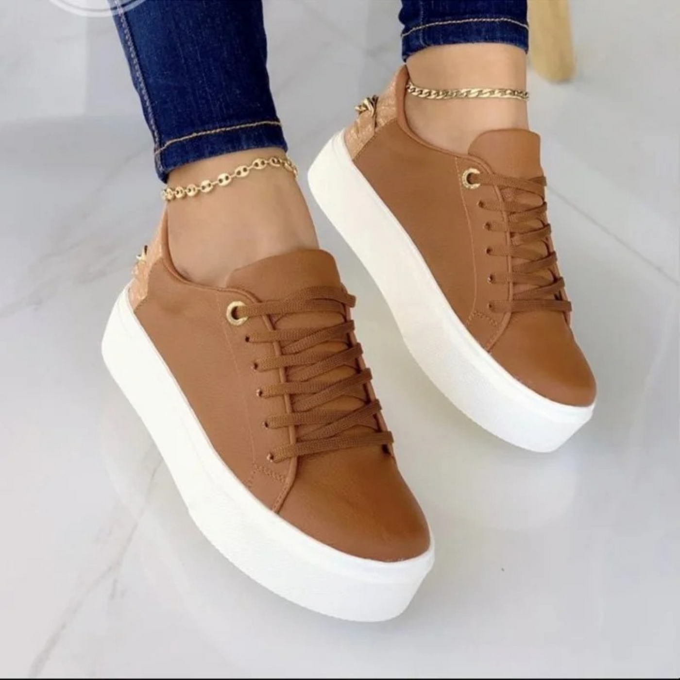 Leder Turnschuhe - Damen dicke Sohle Lace-Up Trendy Turnschuhe