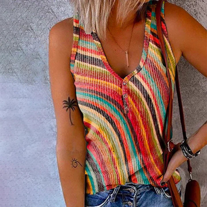 Strick Tanktop Damen | Buntes Gestreiftes Sommertop | Knopfleiste