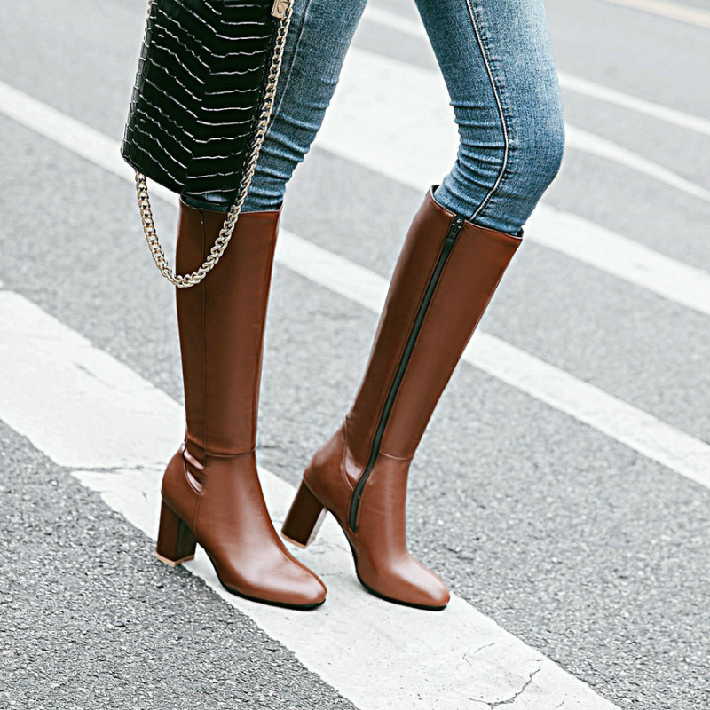 Stiefel mit Absatz | Leder | Blockabsatz | Kniehohe Stiefel mit hohem Absatz | Damenstiefel
