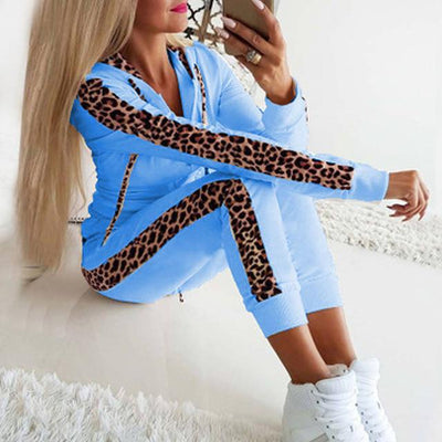 Trainingsanzug – Leopardenmuster – Reißverschluss – Set aus Kapuzenpullover und Jogginghose – Loungewear für Frauen
