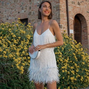 Federkleid Damen Minikleid mit Fransen Weiß