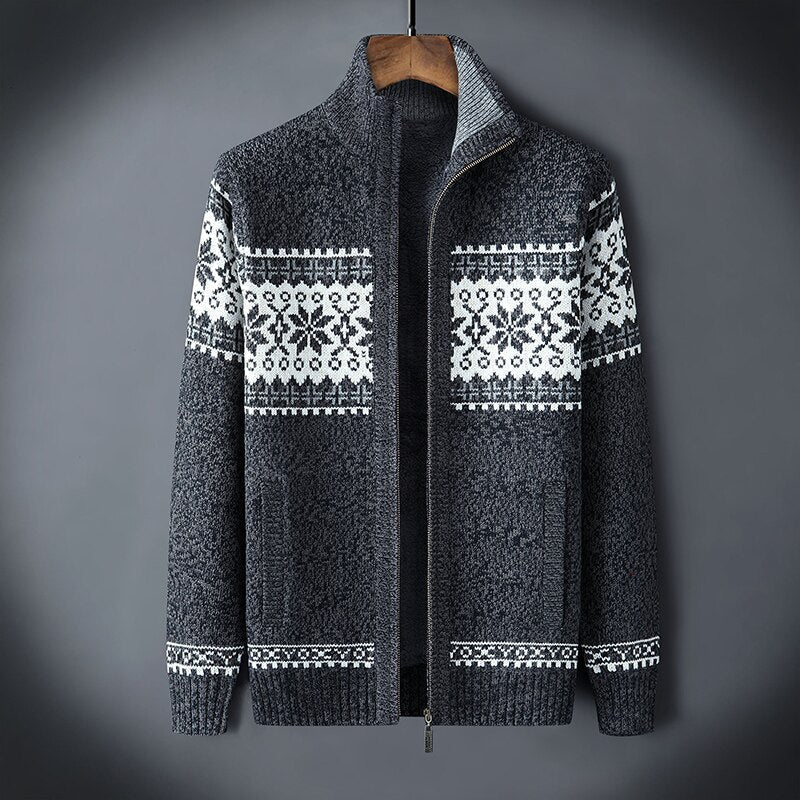 Gestrickte Strickjacke | Winter | Schneeflocke | Strickjacke mit Reißverschluss | Herren-Strickmode