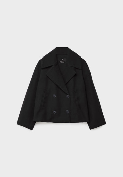 Wolljacke – Kurzer, doppelreihiger Woll-Trenchcoat für Damen