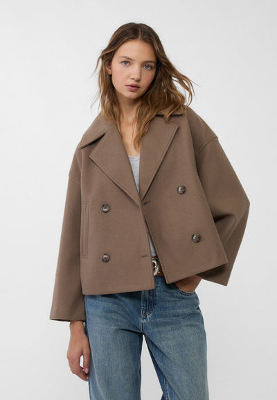 Wolljacke – Kurzer, doppelreihiger Woll-Trenchcoat für Damen
