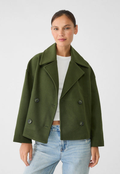 Wolljacke – Kurzer, doppelreihiger Woll-Trenchcoat für Damen