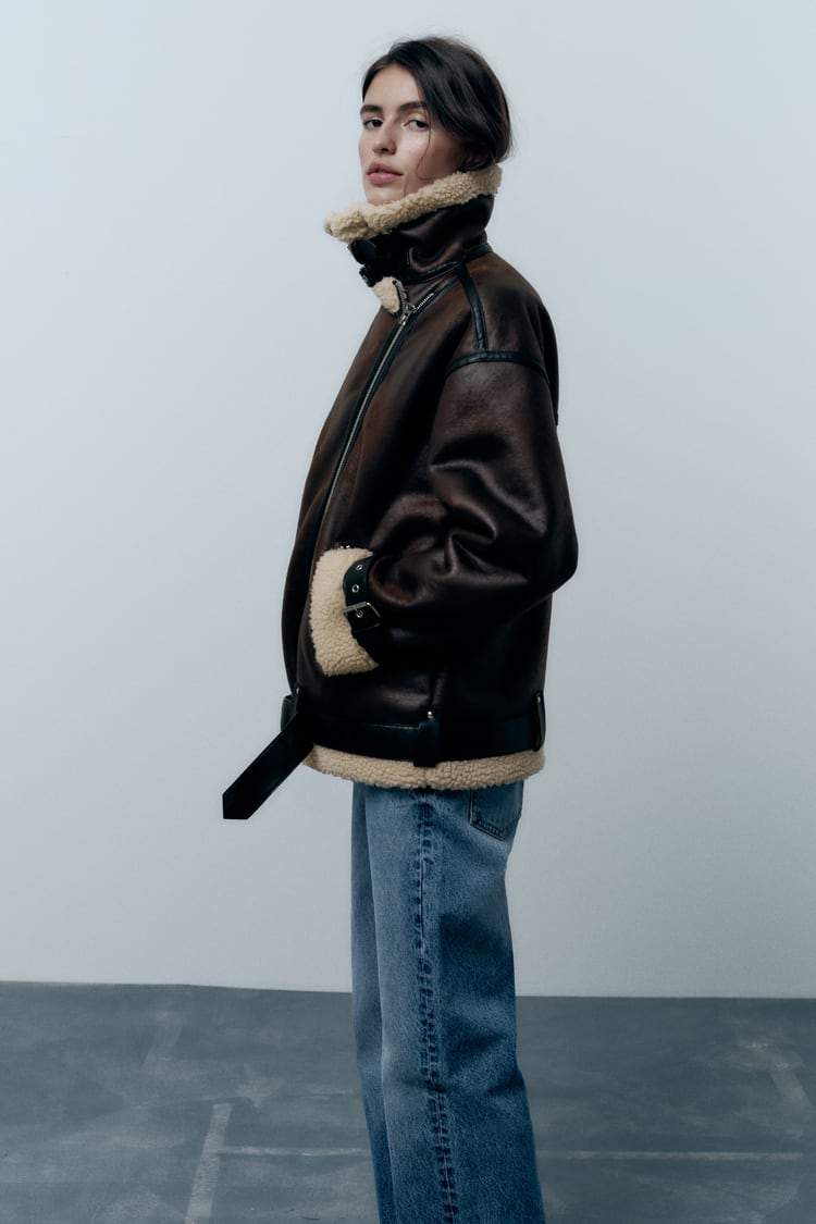 Winter-Lederjacke – Oversized-Bikerjacke aus Leder mit Sherpa-Fleece für Damen