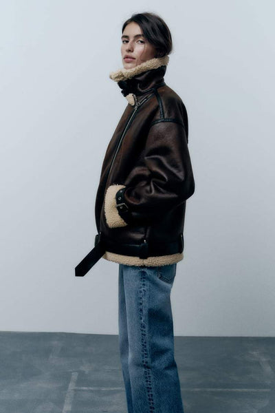 Winter-Lederjacke – Oversized-Bikerjacke aus Leder mit Sherpa-Fleece für Damen