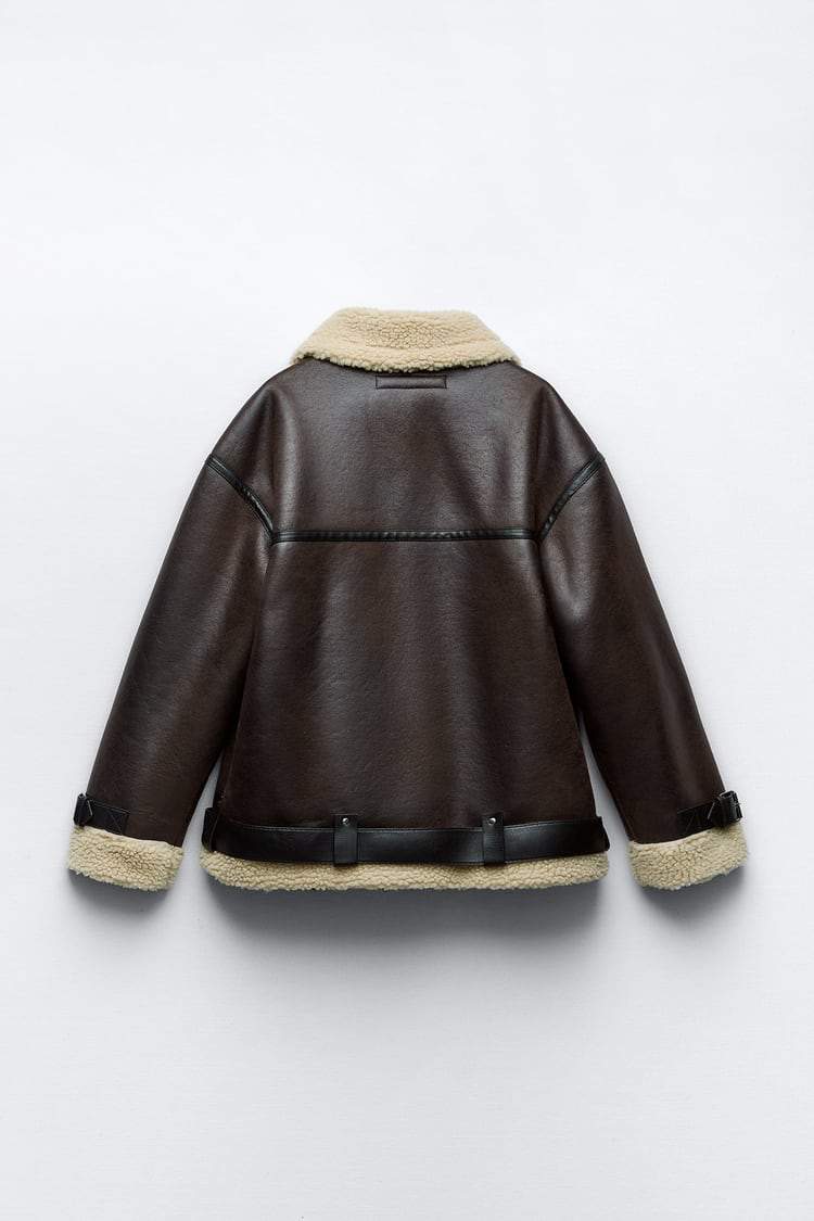 Winter-Lederjacke – Oversized-Bikerjacke aus Leder mit Sherpa-Fleece für Damen