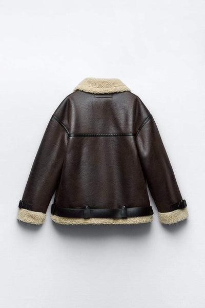 Winter-Lederjacke – Oversized-Bikerjacke aus Leder mit Sherpa-Fleece für Damen