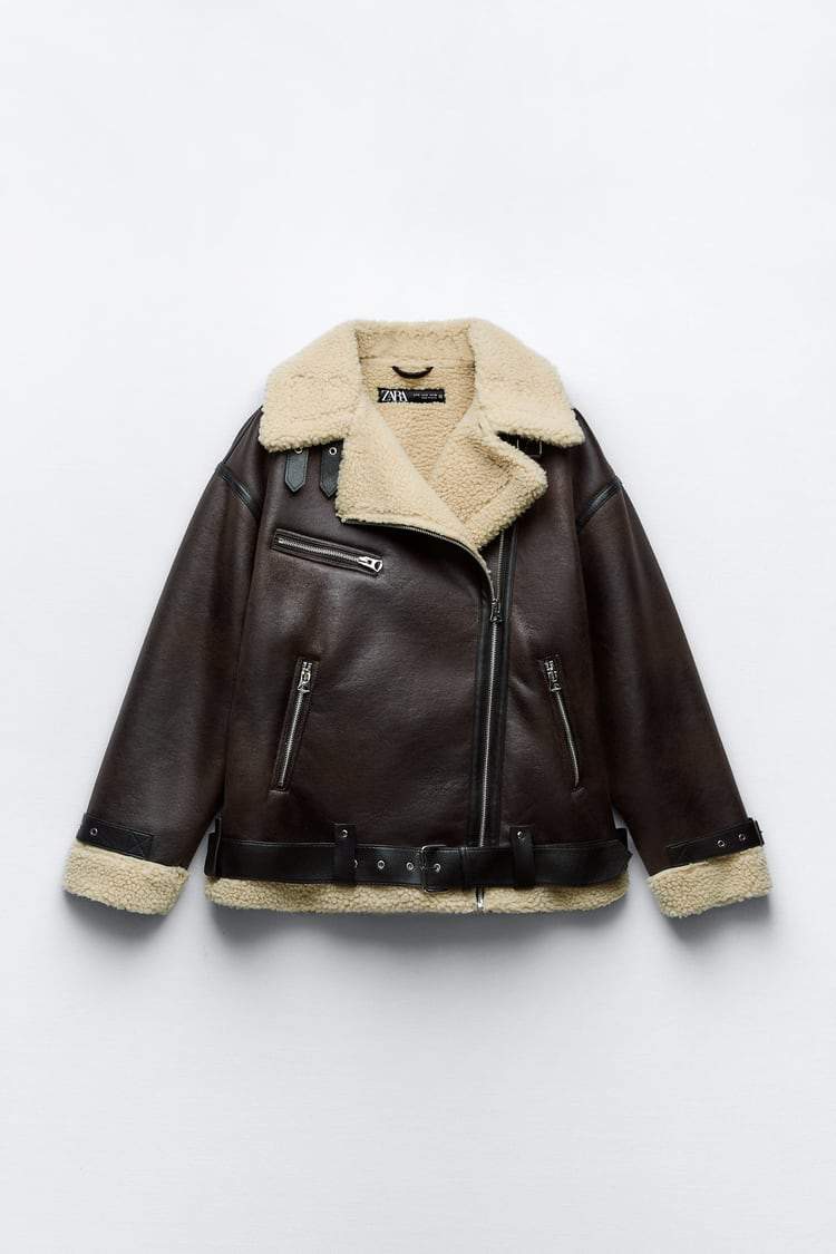 Winter-Lederjacke – Oversized-Bikerjacke aus Leder mit Sherpa-Fleece für Damen